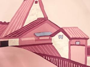 アンティーク　塩瀬　街並み模様名古屋帯